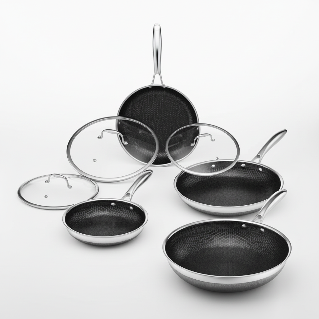 4pc Clad Hybrid Cookware Set with Lids & Wok Bundle